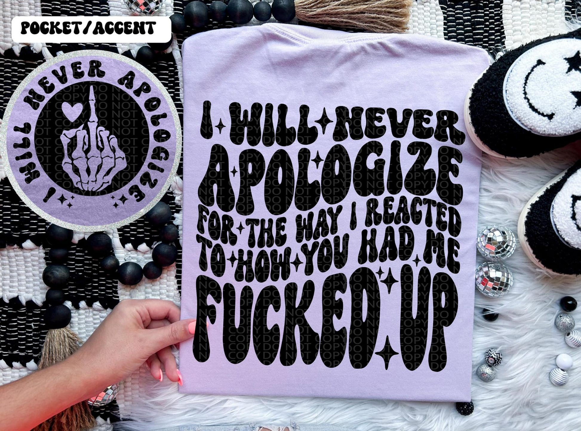 Comfort Colors short sleeve shirt with bold "I Will Never Apologize" design, unapologetic edgy tee for rebellious personalities.