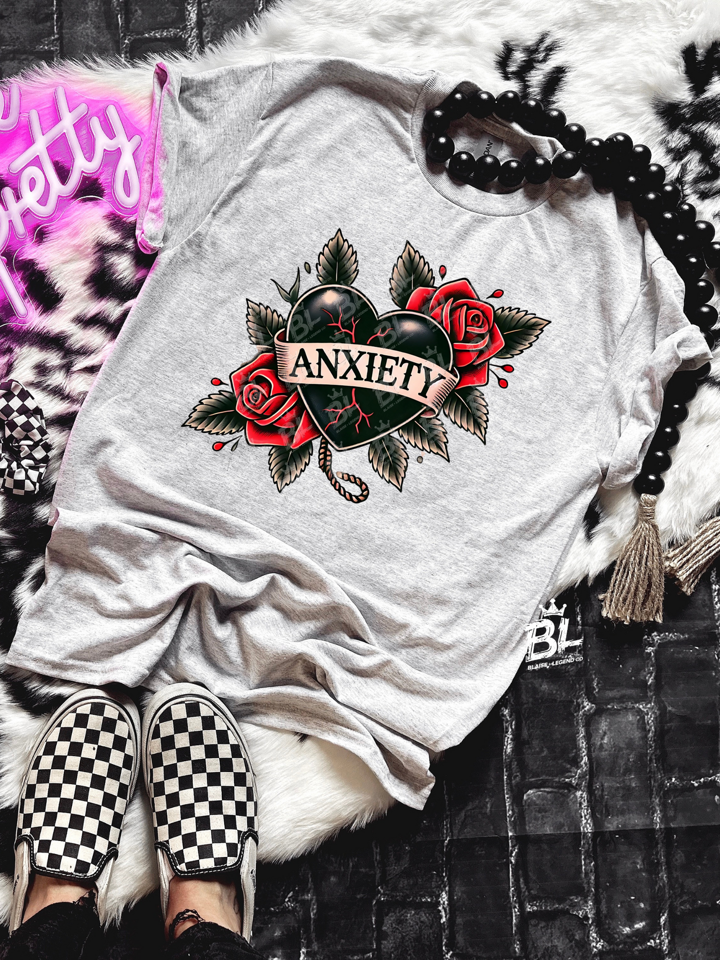 Anxiety Tattoo Heart & Roses Short Sleeve Shirt – Bold, Artistic Design