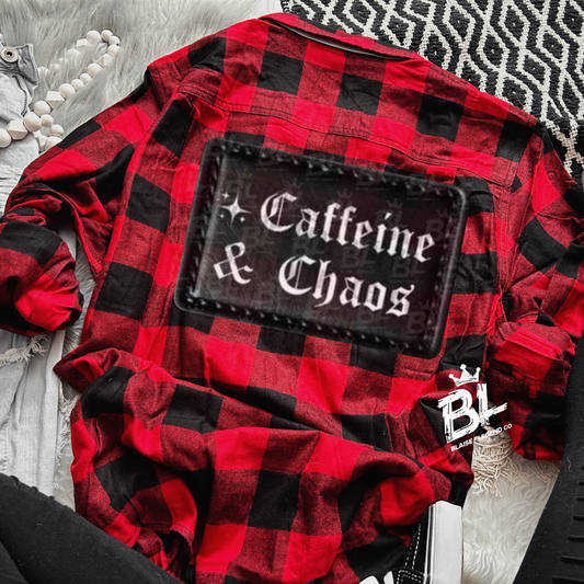 Red Buffalo Plaid Flannel – Caffeine & Chaos Faux Patch Shirt for Bold Style