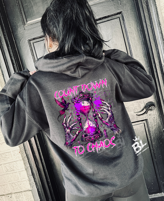 Countdown to Chaos Hoodie – Edgy Graphic Design in Black, Grey, or Plum