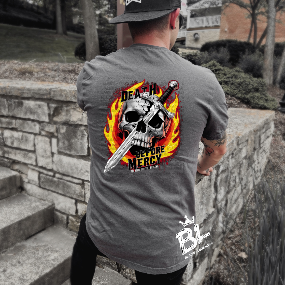 Death Before Mercy Graphic Tee - Bold Short Sleeve Shirt with Skull and Flames