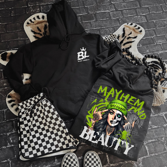 Mayhem and Beauty Hoodie featuring skeleton-inspired tattoo design with neon green accents, available in black and charcoal heather