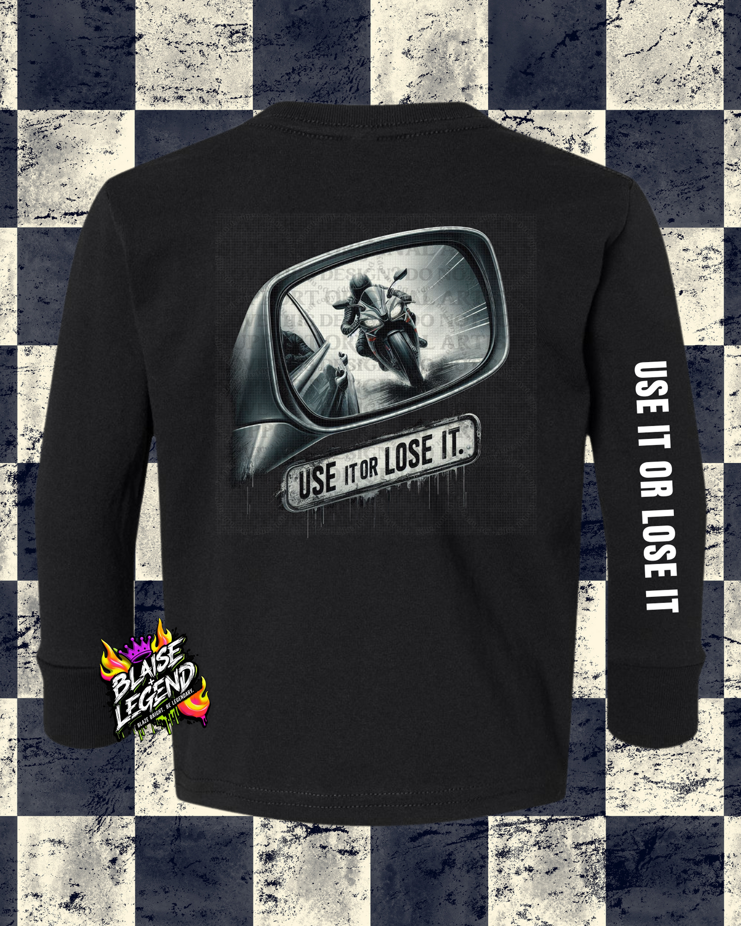 Children's Motorcycle Awareness Long Sleeve Shirt – "Use It or Lose It" Side View Mirror Design