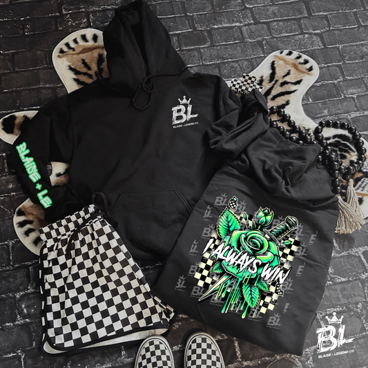 Always Win hoodie with neon green rose and dagger graphic, checkerboard pattern, and Blaise + Legend Co. sleeve detail.