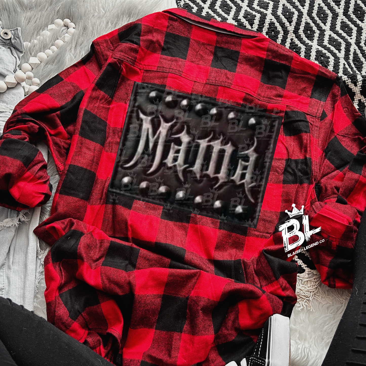 Red Buffalo Plaid 'Mama' Flannel – Cozy Shirt with Faux Patch Design