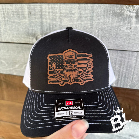 Garage Snapback Hat with Leather Patch - Skull, Tools, & American Flag Design