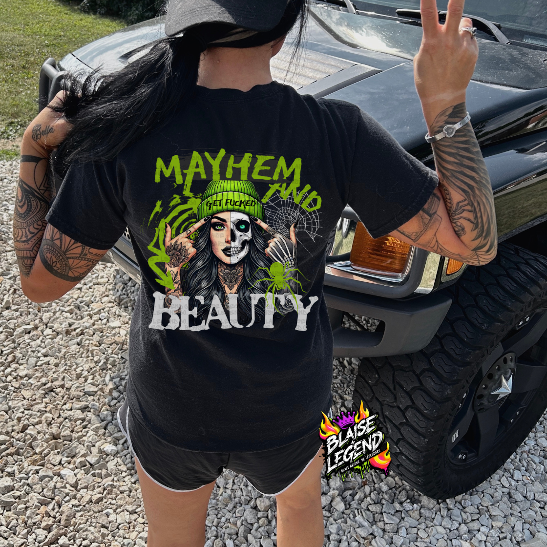 Mayhem and Beauty Graphic T-Shirt - Edgy Women's Tee