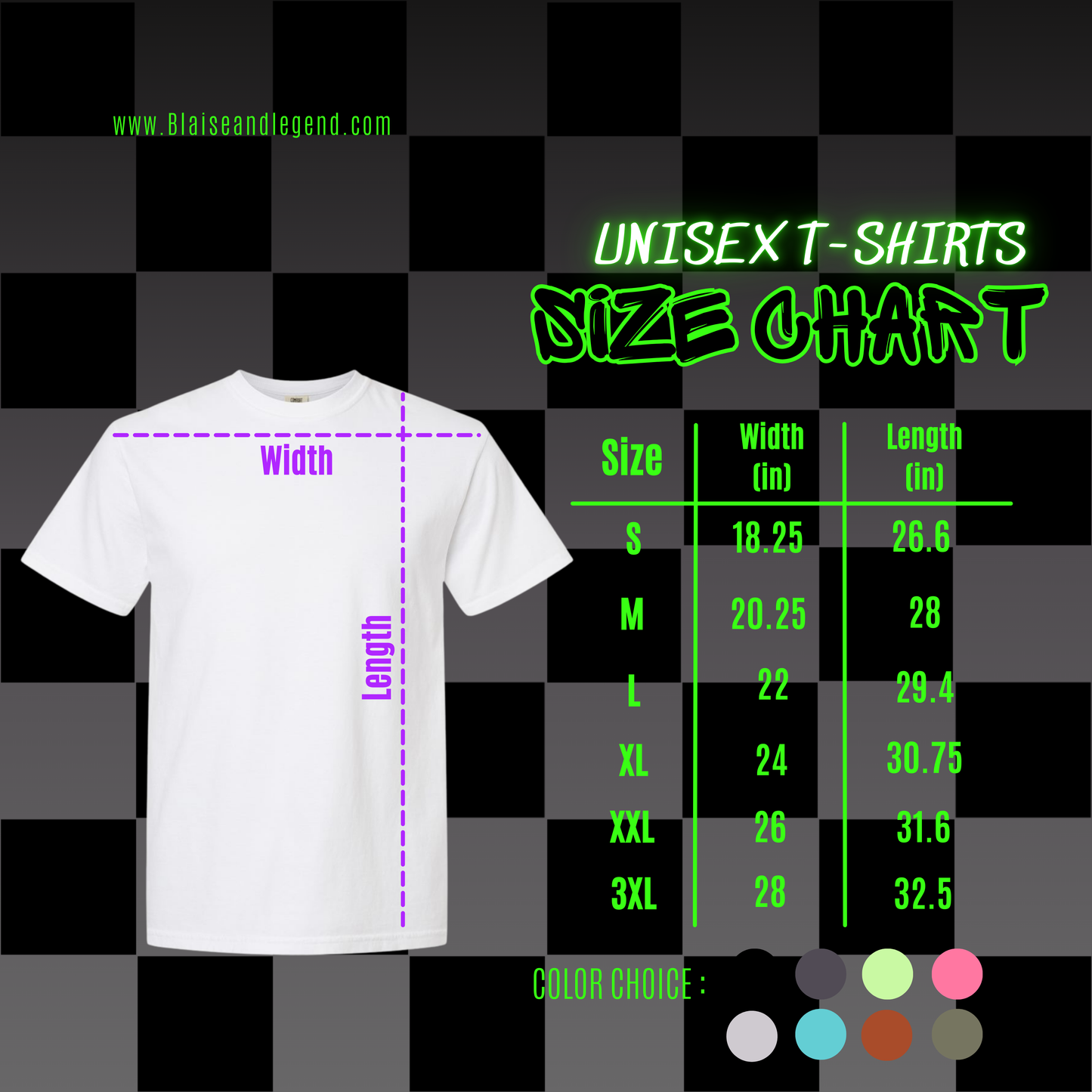 Blaise + Legend Co. T-Shirt Size and Color Chart - Choose the Right Fit and Color with Detailed Size Measurements (XS-3XL) and Available Color Options