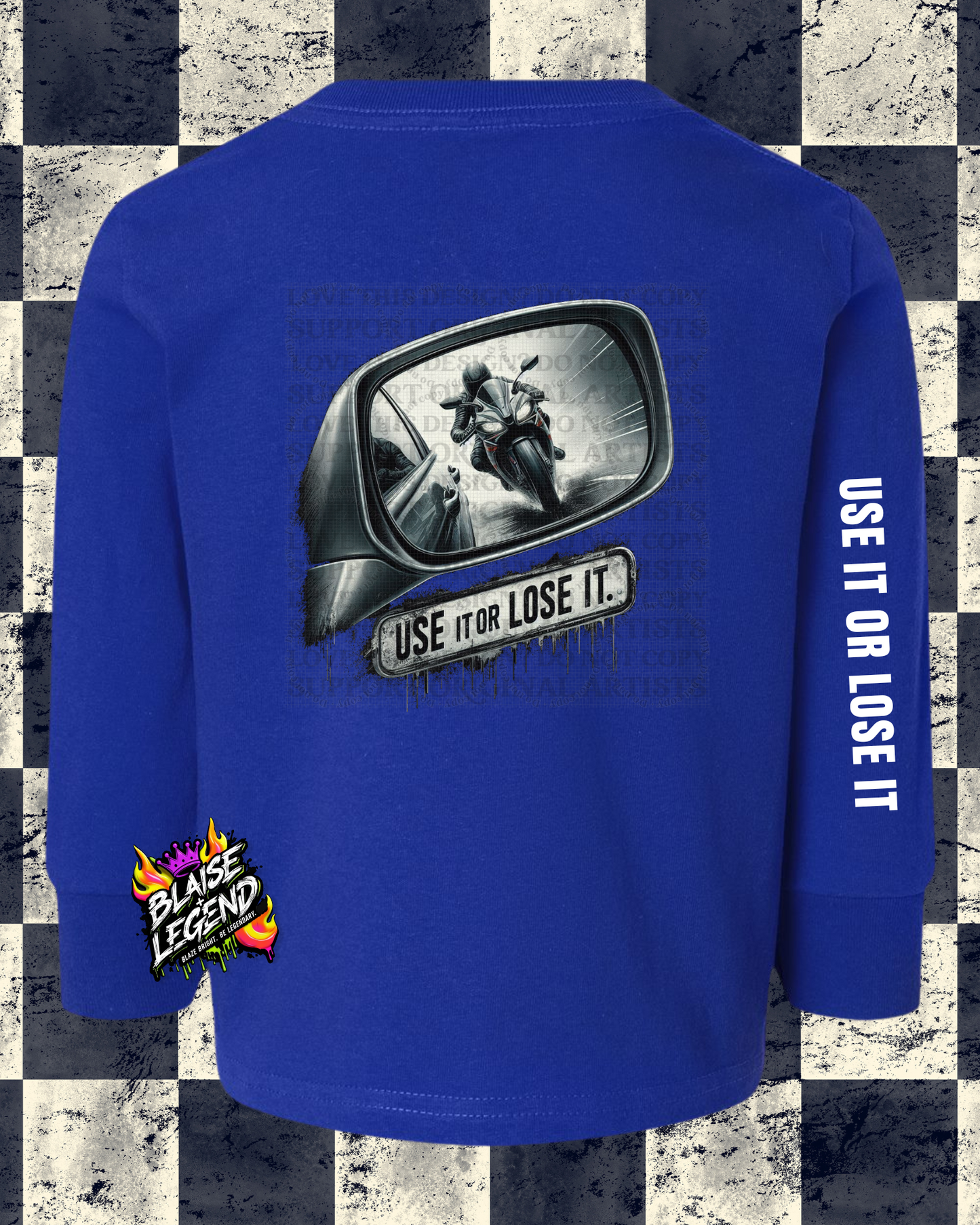 Children's Motorcycle Awareness Long Sleeve Shirt – "Use It or Lose It" Side View Mirror Design