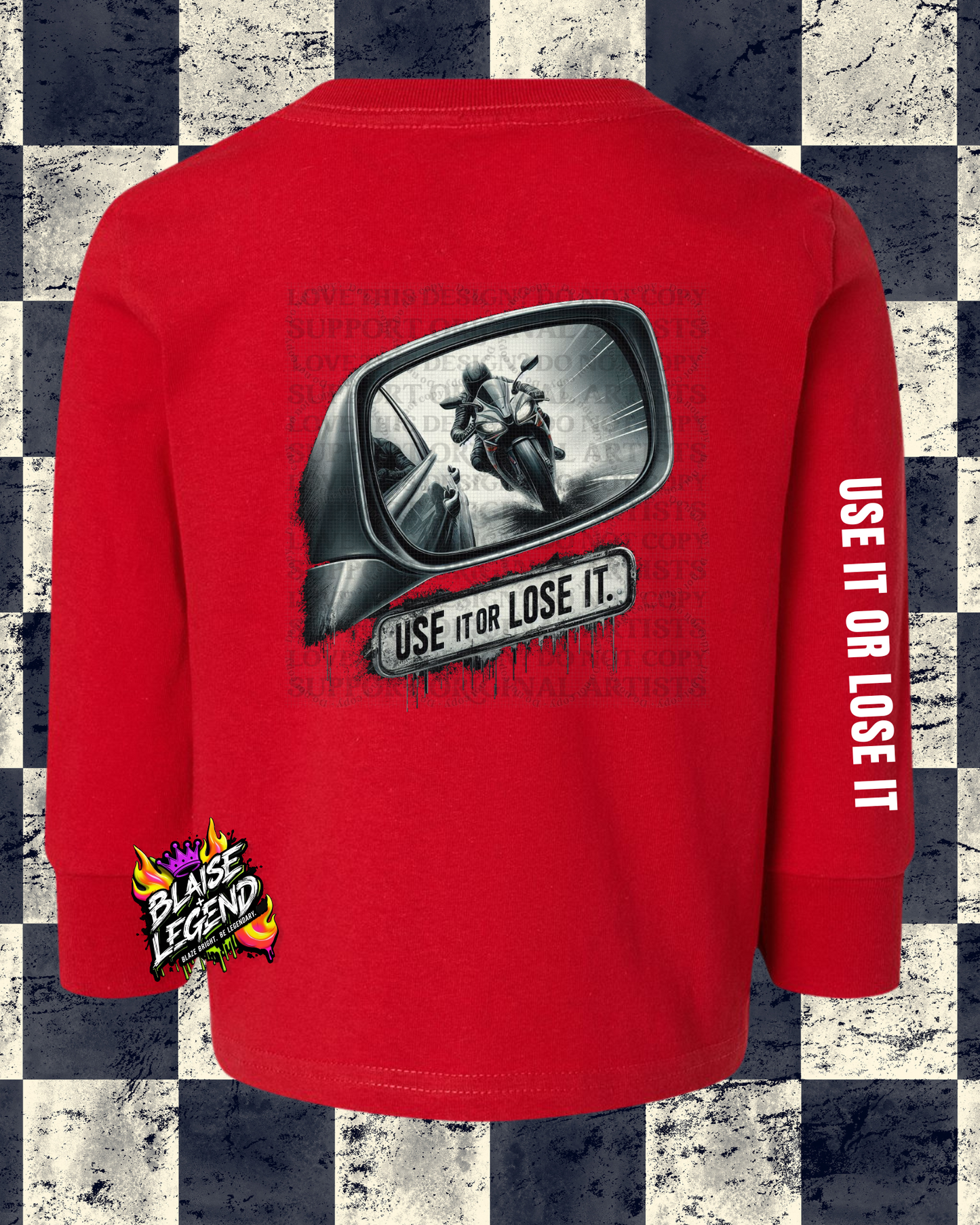 Children's Motorcycle Awareness Long Sleeve Shirt – "Use It or Lose It" Side View Mirror Design