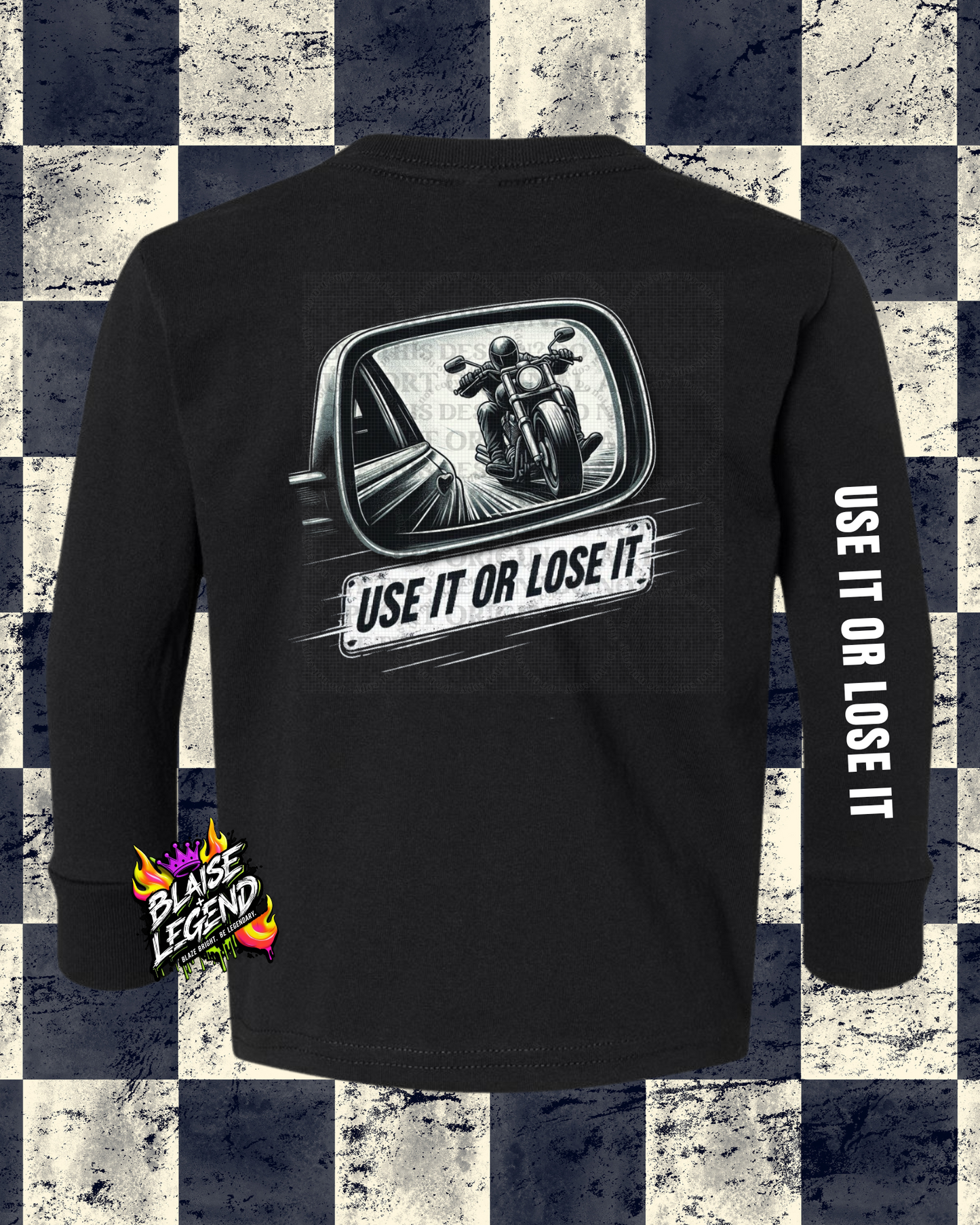 Children's Motorcycle Awareness Long Sleeve Shirt – "Use It or Lose It" Side View Mirror Design