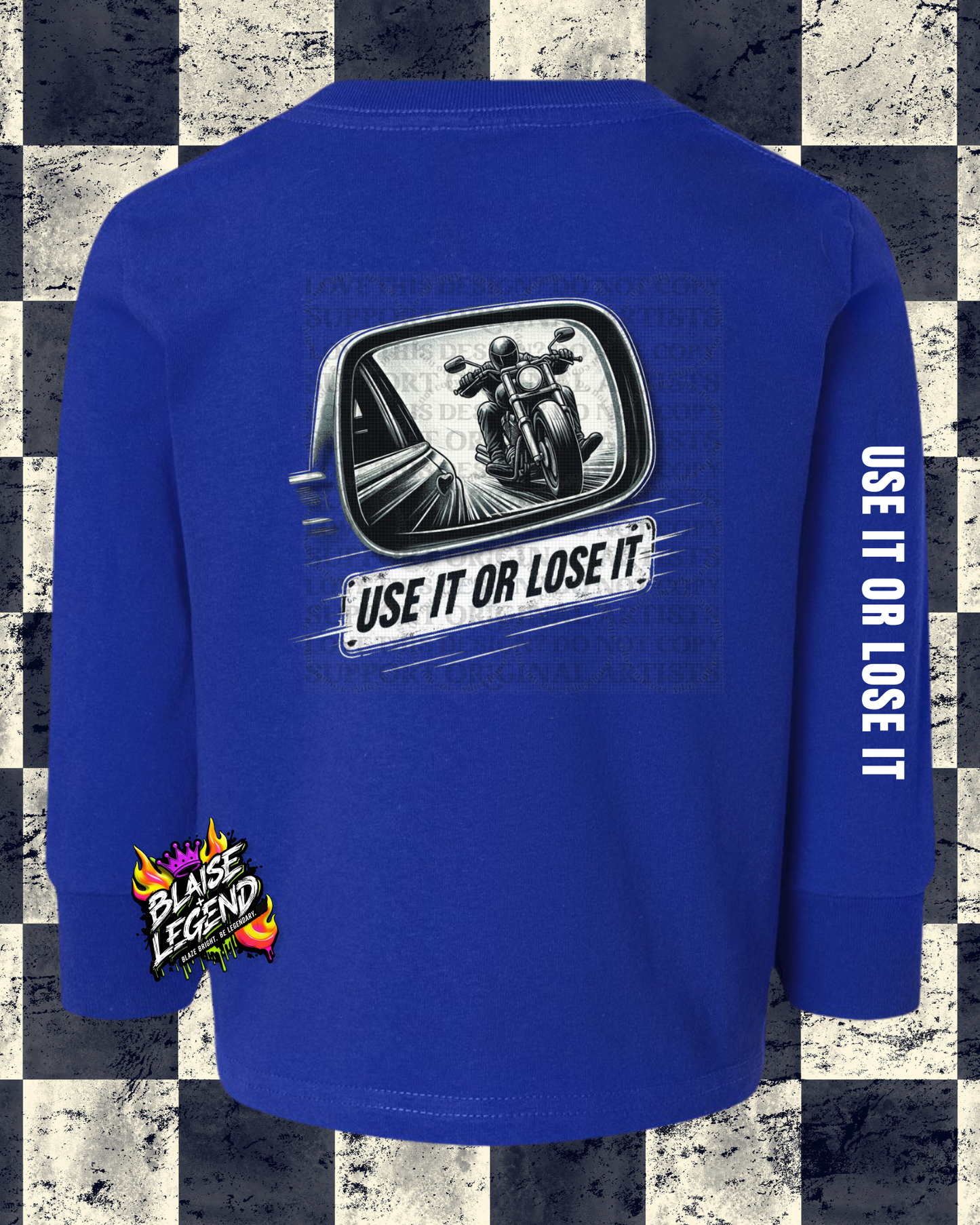 Children's Motorcycle Awareness Long Sleeve Shirt – "Use It or Lose It" Side View Mirror Design