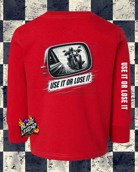 Children's Motorcycle Awareness Long Sleeve Shirt – "Use It or Lose It" Side View Mirror Design