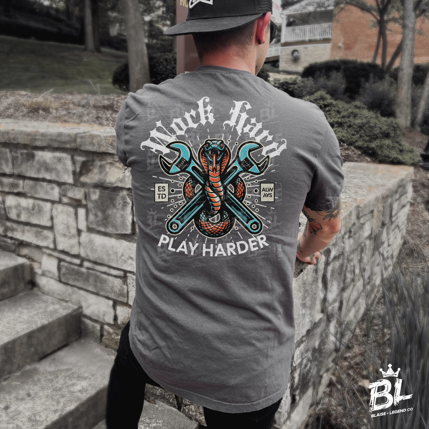 Work Hard, Play Harder- Snake & Wrenches Graphic Tee – Bold Men's T-Shirt